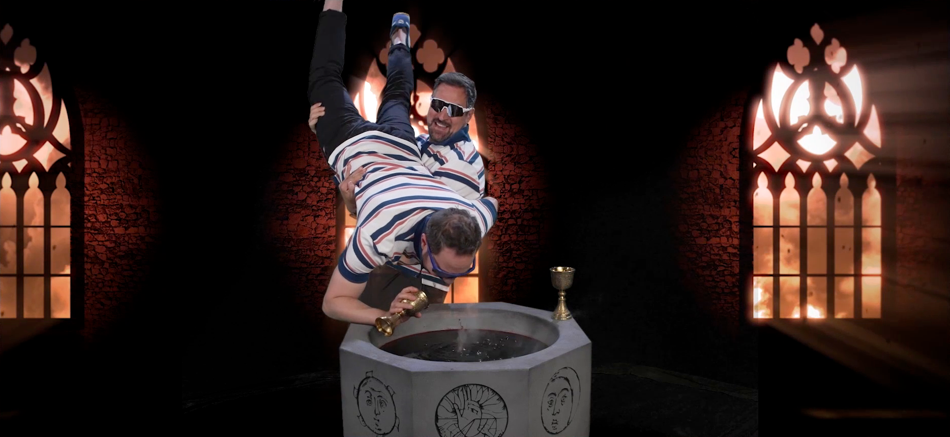 Travis holding Sam upside-down over a bubbling fountain of blood, in a position similar to a keg stand. They are both dressed as frat bros with striped red, white, and blue polo shirts and wrap-around sunglasses. Sam holds a gold chalice over the blood, while another sits on the rim of the stone fountain. Designs of a sun, a moon, and a hand in a benediction gesture are on the sides of the fountain. In the background are red stone walls and church windows with orange, apocalyptic light streaming in.
