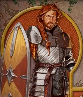 Character card for Azune. A tan-skinned human with red hair in a long braid reaching his chest, a short neat beard, and a large red birthmark on the left side of his face. He looks directly at the camera, a stern expression on his face. He wears a shining silver breastplate and armored skirt, and holds a yellow and orange painted heater shield off to his side. The shield appears to be upside-down from how you typically see them. A leather cape is tied around his neck over his armor.