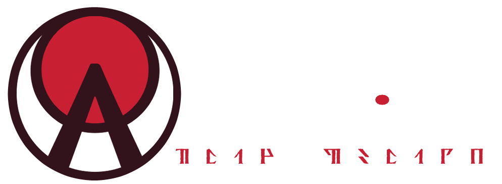 Omen Archive. A banner
            image containing an A inlaid in a white crescent moon and blood-red
            moon. The text Omen Archive is in white lettering over red Davek
            letters. The dot of the “i” in “Omen Archive” is
            red.