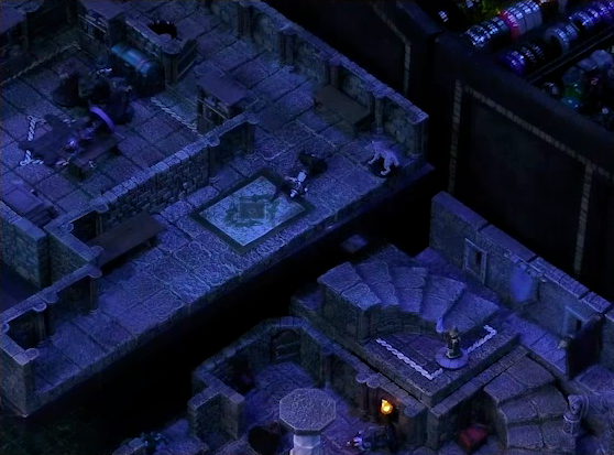 A battlemap of a stone palace split into two levels. Upstairs is a hallway leading past a room with a bearskin rug and wooden table on which Occtis lays, surrounded by robed individuals. Thaisha in wolf form is next to a fallen guard, down the hall from the room.