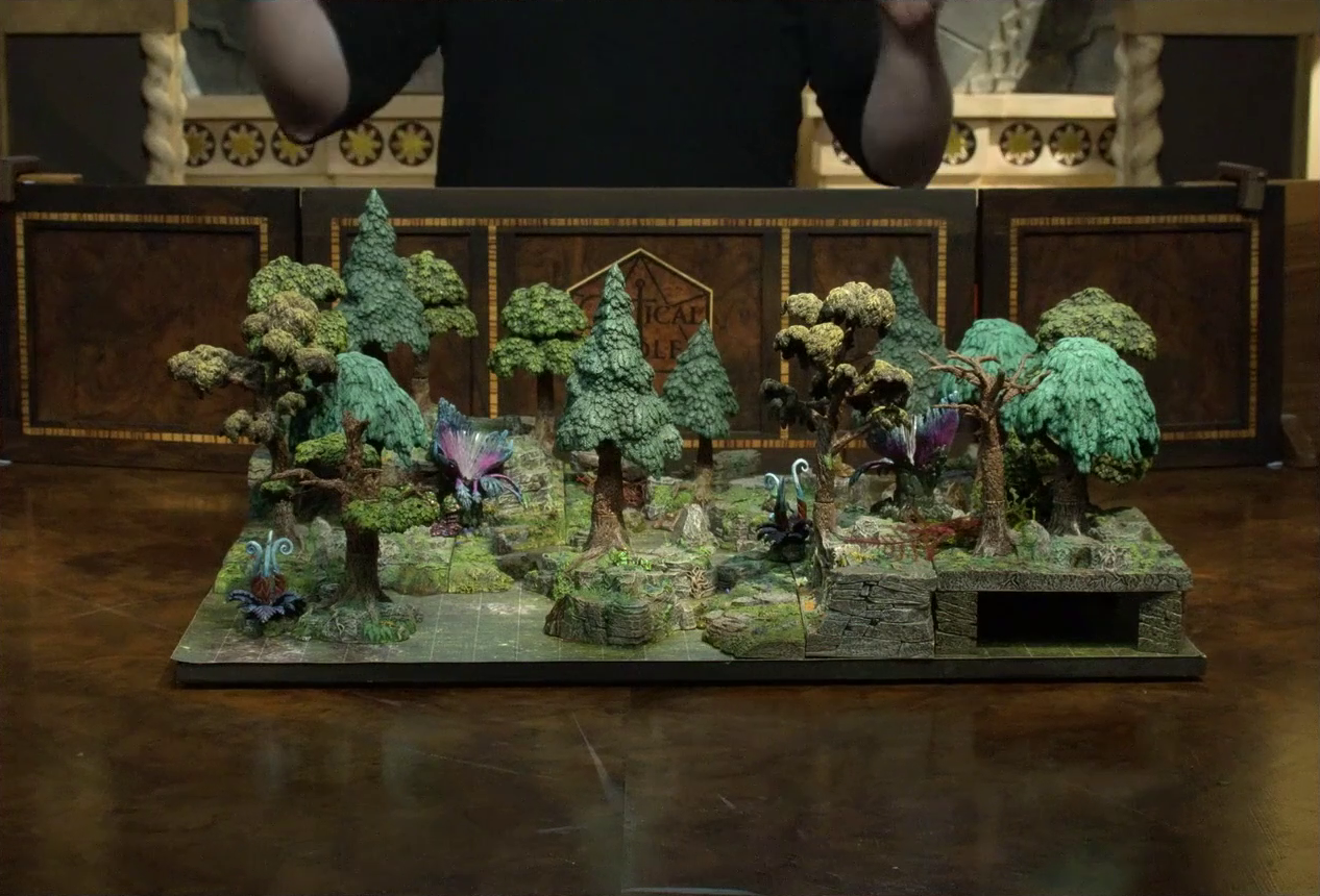 A battlemap of a forested glade with a variety of trees, mushrooms, and fey-like, purple plants. Two large purple flowers with four petals sit about fifty feet apart. On one end of the glade is a raised rocky outcropping. Brennan stands in the background behind his DM screen, his hands raised.