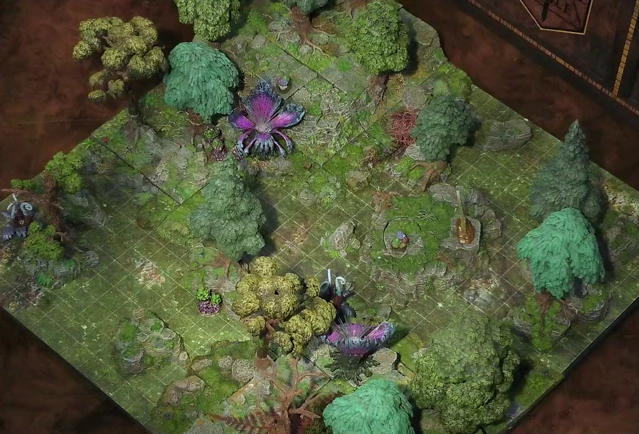 A battlemap of a forested glade with a variety of trees, mushrooms, and fey-like, purple plants. Two large purple flowers with four petals sit about fifty feet apart. A standing stone sits on a rocky platform near the glade’s center. In one corner of the glade is another raised rocky outcropping.