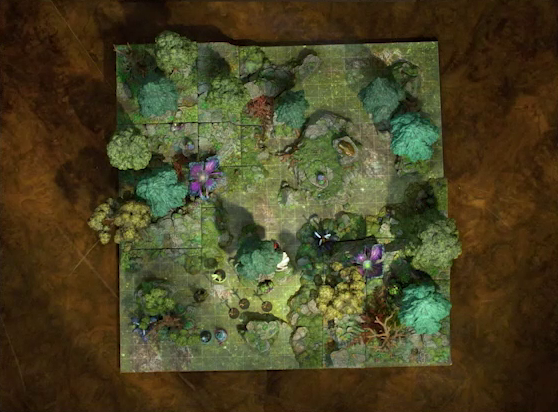 A top-down view of a battlemap of a forested glade with a variety of trees, mushrooms, and fey-like, purple plants. Wicander, Tyranny, Thimble, Teor, and Kattigan stand near three flying pixies. Two large purple flowers with four petals sit about fifty feet apart. A standing stone sits on a rocky platform near the glade’s center. In one corner of the glade is another raised rocky outcropping.