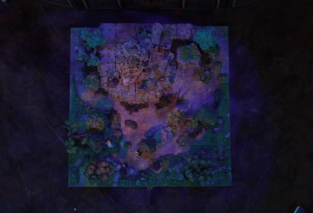 A top-down view of a battlemap of the Wraith Tree on a large rocky mound in a sparse forested space. Kattigan, Wicander, Teor, Thimble, Wulferic, and Tyranny look towards the mound from the edge of the battlemap. The Wraith Tree has thin, white, spaghetti-like tendrils hanging from its bare branches. Three small wooden structures covered in skulls surround the tree.