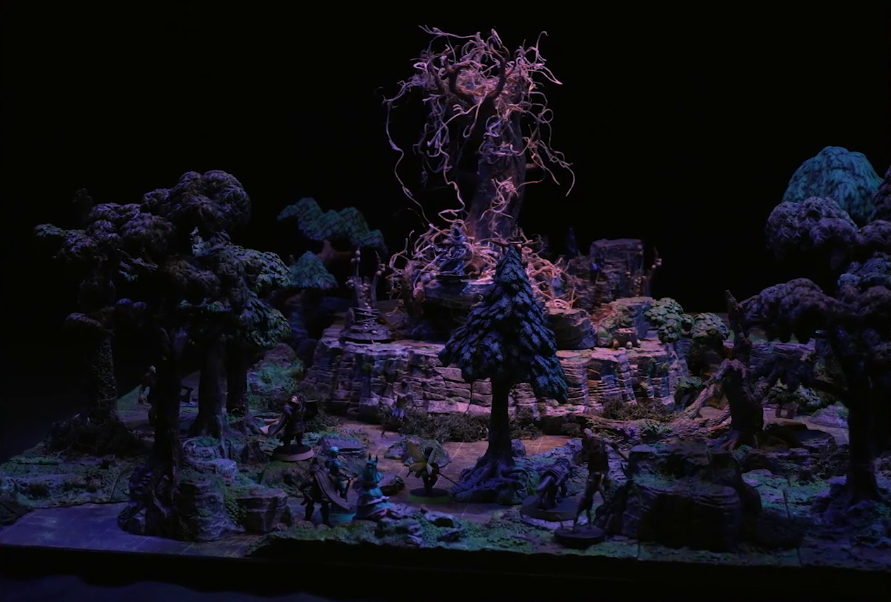 A battlemap of the Wraith Tree on a large rocky mound in a sparse forested space. Kattigan, Wicander, Teor, Thimble, Wulferic, and Tyranny look towards the mound from the edge of the battlemap as zombies approach them. The Wraith Tree has thin, white, spaghetti-like tendrils hanging from its bare branches. A black-cloaked specter stands at the base of the tree. Three small wooden structures covered in skulls surround the tree.