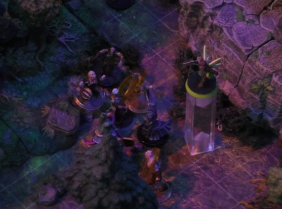 A battlemap of a sparse forested space focused on Thimble, Wicander, and Tyranny facing off against four zombies and a black-cloaked specter. Two of the zombies have orange condition rings, one is wielding an axe. Thimble flies 10 feet up. The base of a large rocky mound is visible in the background.