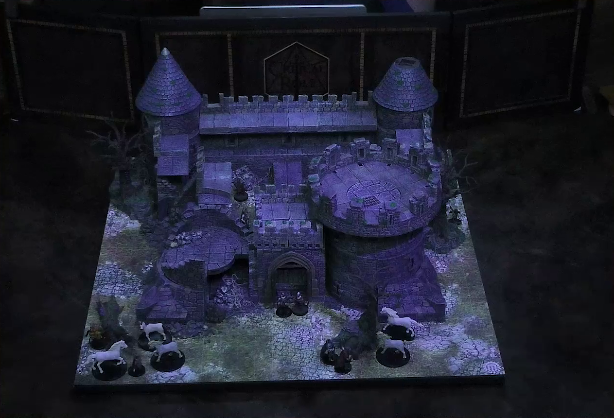 A battlemap of a ruined stone castle with sparse dead trees around its edges. The walled courtyard has a tower at each corner. The bottom-left tower has collapsed. Two guards stand in front of the wooden entry door into the courtyard. Five white horses stand out front and a few other individuals stand nearby. Thimble is visible at the right wall, partially behind a tree.