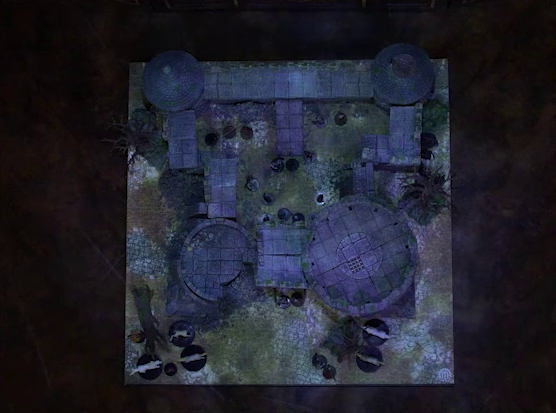 A top-down view of a battlemap of a stone castle with sparse dead trees around its edges. The walled courtyard has a tower at each corner. The bottom-left tower has collapsed. Tyranny, Wicander, and a number of armored knights are in the courtyard. Thimble, Teor, Kattigan, and Wulferic are partially hidden outside the right wall. Two guards stand in front of the wooden entry door into the courtyard. Five white horses stand out front and a few other individuals stand nearby.