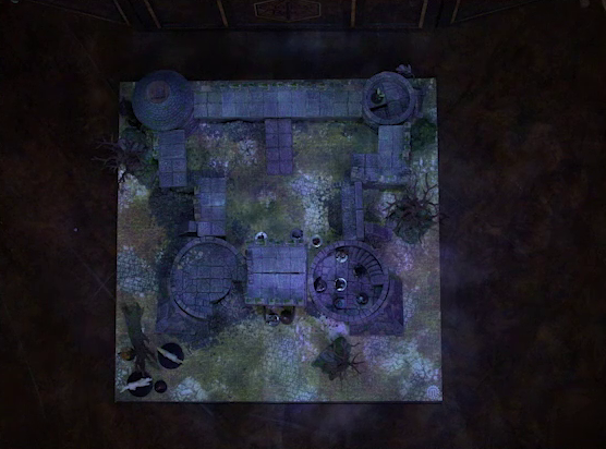 A top-down view of a battlemap of a ruined stone castle with sparse dead trees around its edges. The walled courtyard has a tower at each corner. The bottom-left tower has collapsed. Thimble stands in the top-right tower. Tyranny stands in the bottom right tower with three armored individuals. Two guards stand in front of the wooden entry door into the courtyard. Five white horses stand out front and a few other individuals stand nearby.