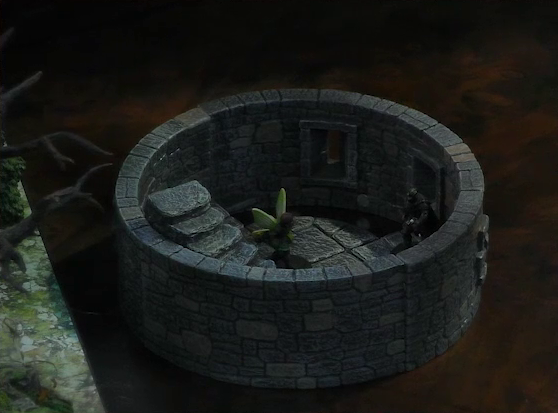 A battlemap of a small circular tower room. Thimble faces off against Casimir. Three small windows line the edge of the room. Behind Thimble, a staircase curves up along the edge of the room. The room is placed off to the side of a larger battlemap with green ground, a bush, and a leafless tree visible.
