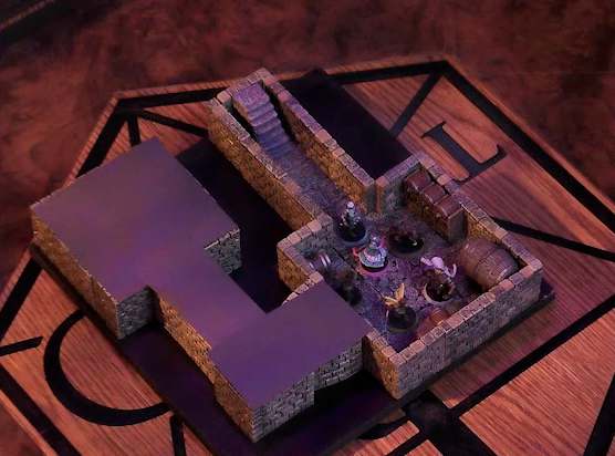 A battlemap of a small stone dungeon. A short set of stairs go down into a hallway which leads to a chamber containing some barrels against the walls. Wicander, Tyranny, Wulferic, Kattigan, Teor, and Thimble stand in the barrel chamber. Another hallway leads off and turns a corner into a second chamber. Both this final hallway and chamber are obscured with black construction paper.