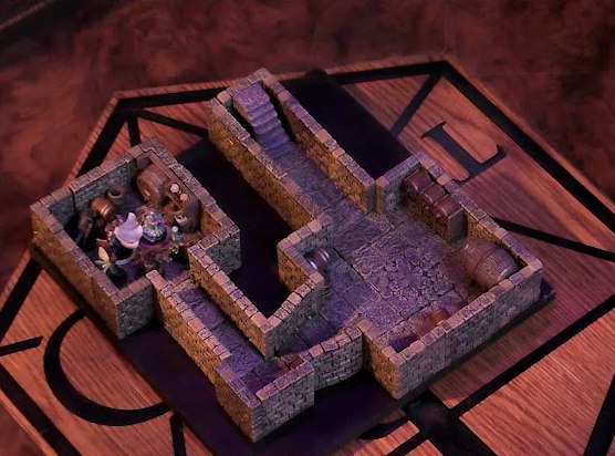 A battlemap of a small stone dungeon. A short set of stairs go down into a hallway which leads to a chamber containing some barrels against the walls. Another hallway leads off and turns a corner into a second chamber in which Wicander, Tyranny, Wulferic, Kattigan, Teor, and Thimble stand. Barrels also line the walls of this second chamber.