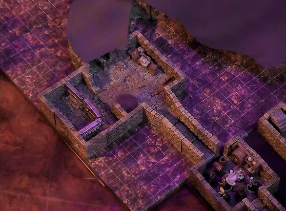 A battlemap of a stone dungeon. Wicander, Tyranny, Wulferic, Kattigan, Teor, and Thimble are in a small chamber with barrels against the walls. The chamber has entrances on opposite sides. One entrance leads into a hallway which opens up into a larger chamber with some wooden containers in the corner and a table opposite them. On one end of this chamber are metal bars resembling an empty jail cell. The chamber continues into another hallway and larger space which are both obscured by black construction paper. A short set of stairs go down into a hallway in another part of the dungeon.