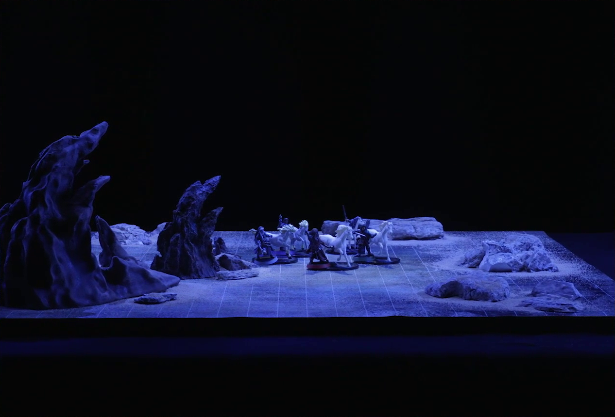 A battlemap of a flat, sandy expanse under the cover of night. Occtis, Pin, Vaelus, Thaisha, and Julien stand in a circle with their five white horses. Some jagged rocky formations jut from the otherwise empty landscape.