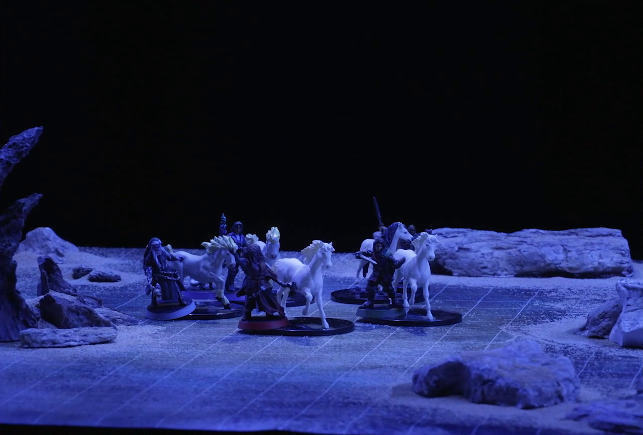 A battlemap of a flat, sandy expanse under the cover of night. Occtis, Pin, Vaelus, Thaisha, and Julien stand in a circle with their five white horses. Some jagged rocky formations jut from the otherwise empty landscape.