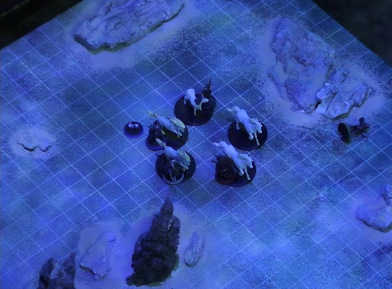 A battlemap of a flat, sandy expanse under the cover of night. Julien lays on the ground some distance away from the party’s white horses. Occtis, Pin, Vaelus, Thaisha, and Gaya Seremai stand in a circle with their five horses. Some jagged rocky formations jut from the otherwise empty landscape.