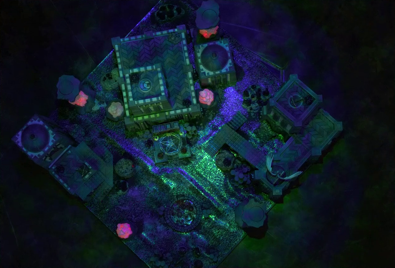 A top-down view of a battlemap of a walled courtyard under cover of night. Four towers stand in a row with a metal sacrificial platform bearing a pentagram sitting before a center tower. The white-winged and scorpion-tailed Tertia Tachonis is on top of a wall off the right-most tower. In front of the pentagram is a circular pool of dark red blood. Interspersed throughout the chamber are six red glowing crystal pillars. One ballista is on the lower platform of the left tower, and another is on top of the right tower. Gaya Seremai, Pin, Vaelus, Julien, Occtis, Dr. Talter, and Thaisha stand at the edge of the battlemap, looking towards the pool of blood.