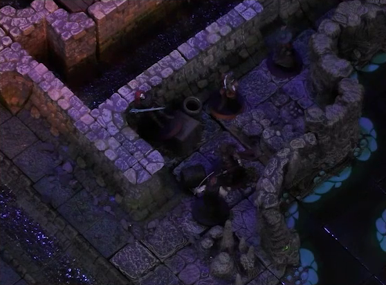 A battlemap of a stone underground area in the sewer. Bolaire, Halandil, Azune, and Murray stand in a hallway which runs beside an underground river. They face off against a single Crow Keeper. Off the hallway is a sewer trench, which leads out of frame.