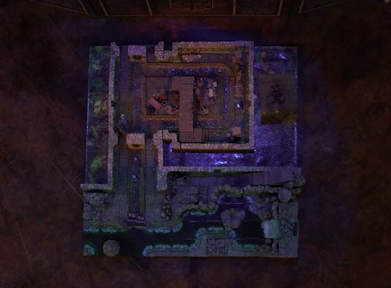 A top-down view of a battlemap of a stone underground room in the sewer. Bolaire, Azune, and Murray stand on a raised platform above the room indicating an upper floor. Halandil stands in a hallway below, outside the room. Crow Keepers and Laumy stand within the room around a fallen Demodus Blix, while one guards an entrance on the north side and none guard an entrance on the south side. The entrances have sewer grates set into them. A sewer trench runs in a circle in the room and exits through both entrances. A raised wooden boardwalk goes from the wall to the center of the room among wooden boxes and three stone pillars holding up the ceiling. An underground river runs past the room on the south end.