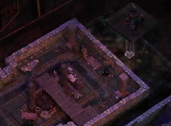 A battlemap of a stone underground room in the sewer. Bolaire, Azune, Murray, and Halandil stand on a raised platform above the room indicating an upper floor. Two Crow Keepers and Laumy stand within the room. Demodus Blix lies on the ground away from them all. A sewer trench runs in a circle in the room. A raised wooden boardwalk goes from the wall to the center of the room among wooden boxes and three stone pillars holding up the ceiling.