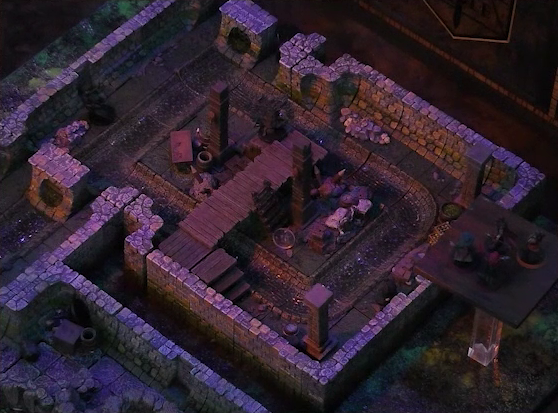 A battlemap of a stone underground room in the sewer. Bolaire, Azune, Murray, and Halandil stand on a raised platform above the room indicating an upper floor. Two Crow Keepers and Laumy stand within the room. Demodus Blix lies on the ground away from them all. A sewer trench runs in a circle in the room and exits through both the south and north entrances. A raised wooden boardwalk goes from the wall to the center of the room among wooden boxes and three stone pillars holding up the ceiling.