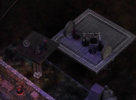 A battlemap of a stone underground area in the sewer focused on two raised platforms indicating multiple levels. Bolaire, Murray, and a fallen Demodus Blix are on the higher one, while Azune and four Crow Keepers are on the lower one. Halandil stands within a stone room below them both, near the wall.