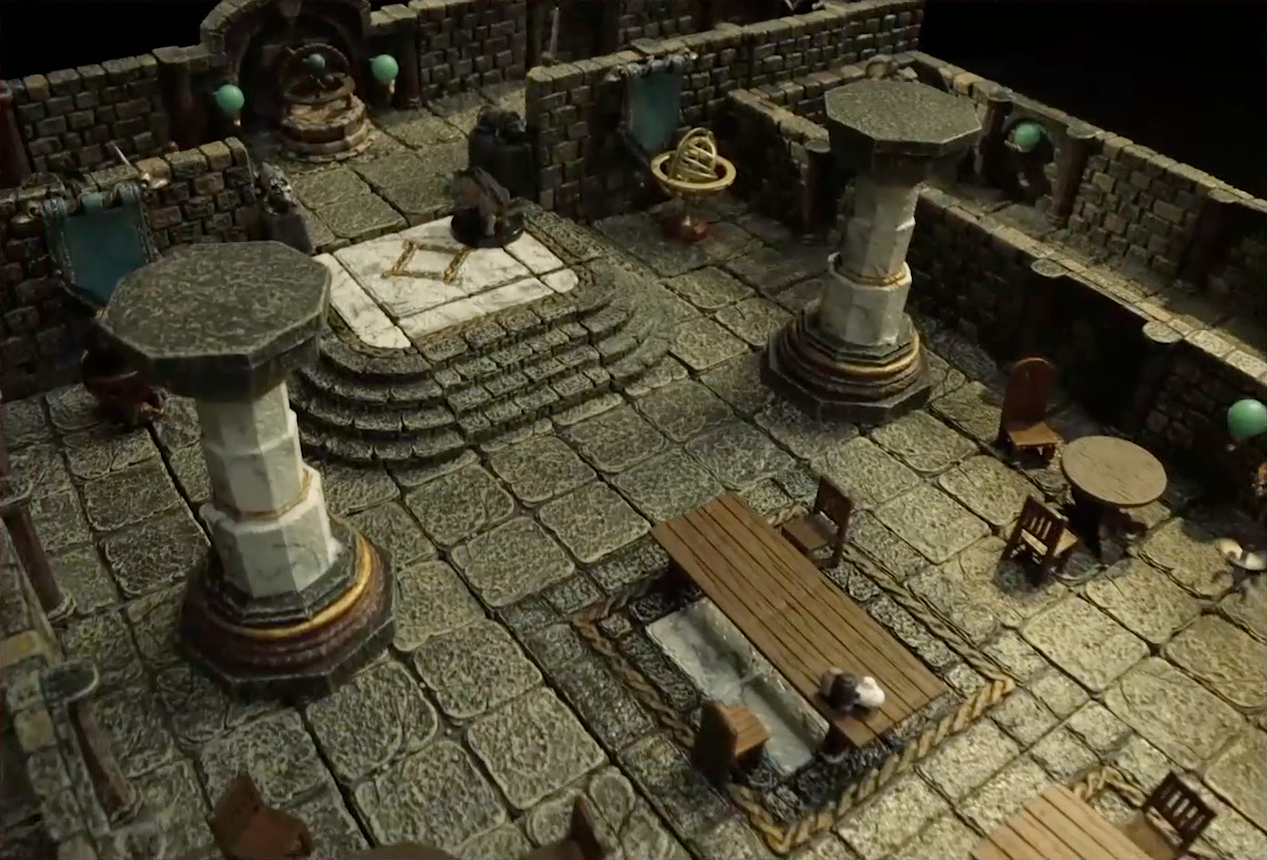 A battlemap of a large stone banquet chamber with surrounding hallways. A Hound of the King stands at the north entrance of the chamber on a raised platform leading down into the chamber with a short set of stairs. Inside the chamber are some long tables and chairs, marble pillars holding up the ceiling, an orrery, and green globes spaced along the walls.