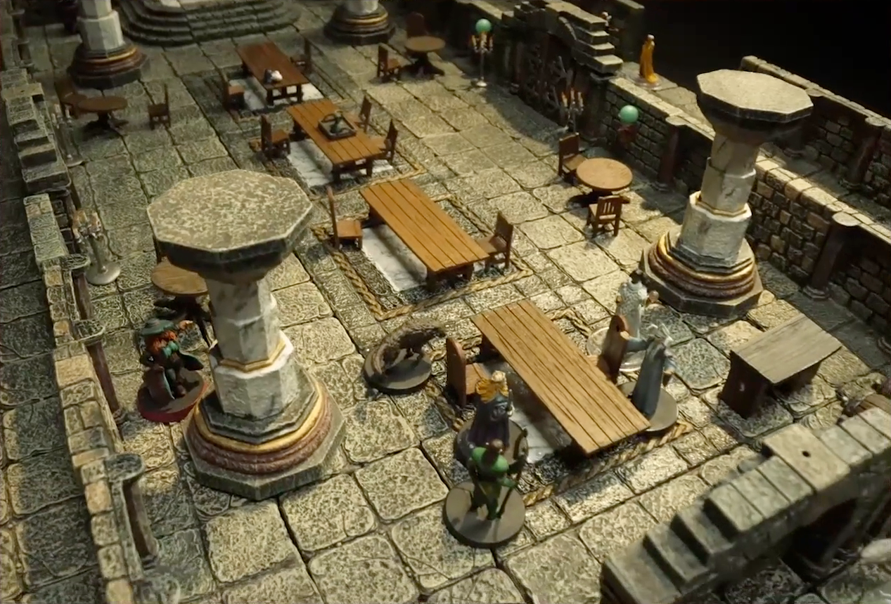 A battlemap of a large stone banquet chamber with surrounding hallways. King Augustus Valian, a Hound, and a druid sit across a table from Photarch Yanessa and an attendant Lux. Murray hides behind a pillar near the table. Inside the chamber are some long tables and chairs, marble pillars holding up the ceiling, and green globes spaced along the walls.