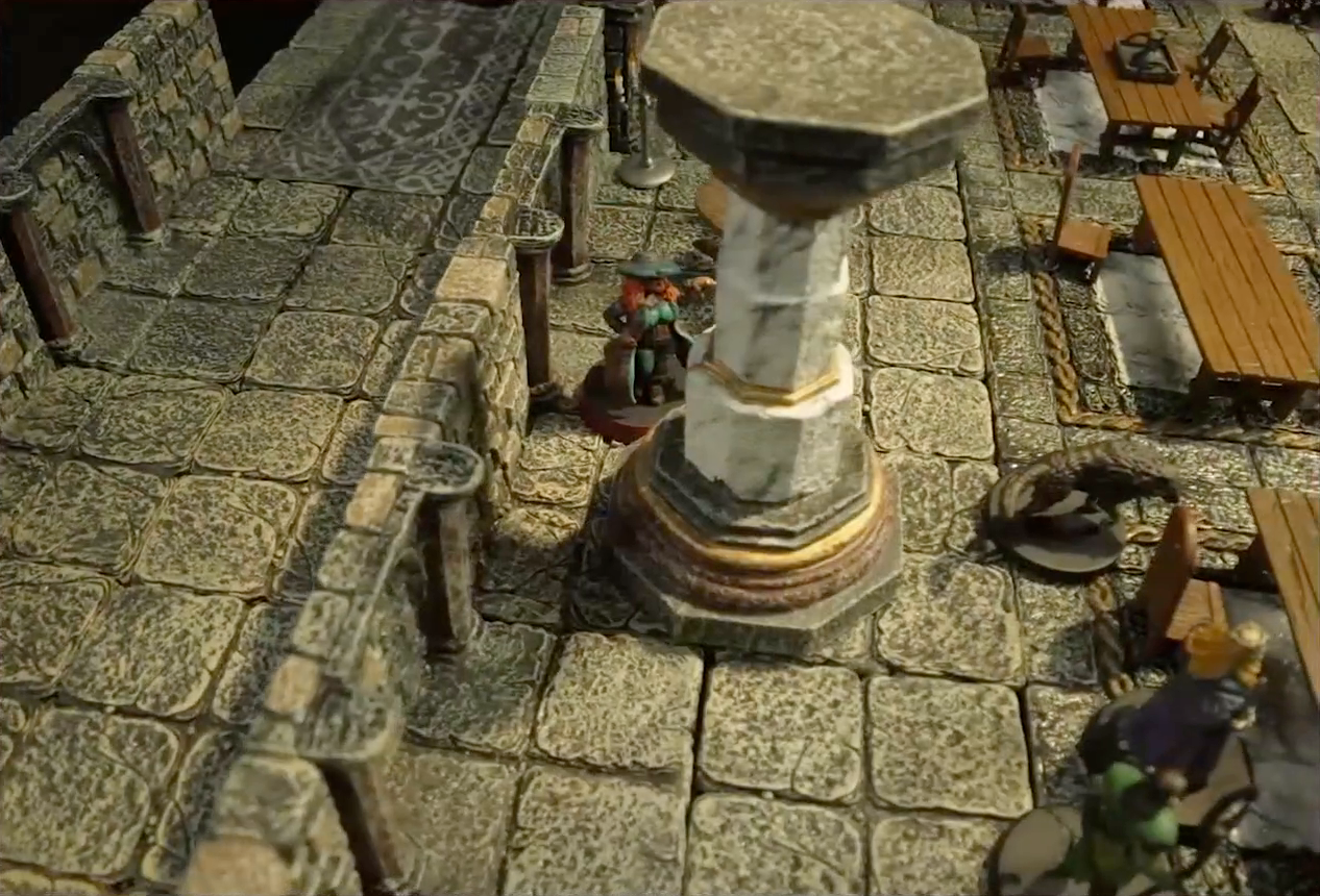 A battlemap of a large stone banquet chamber with surrounding hallways. Murray hides behind a marble pillar near a table where King Augustus Valian, a Hound, and a druid stand. A few other long tables are lined up in the chamber. Outside the chamber is a long stone hallway.