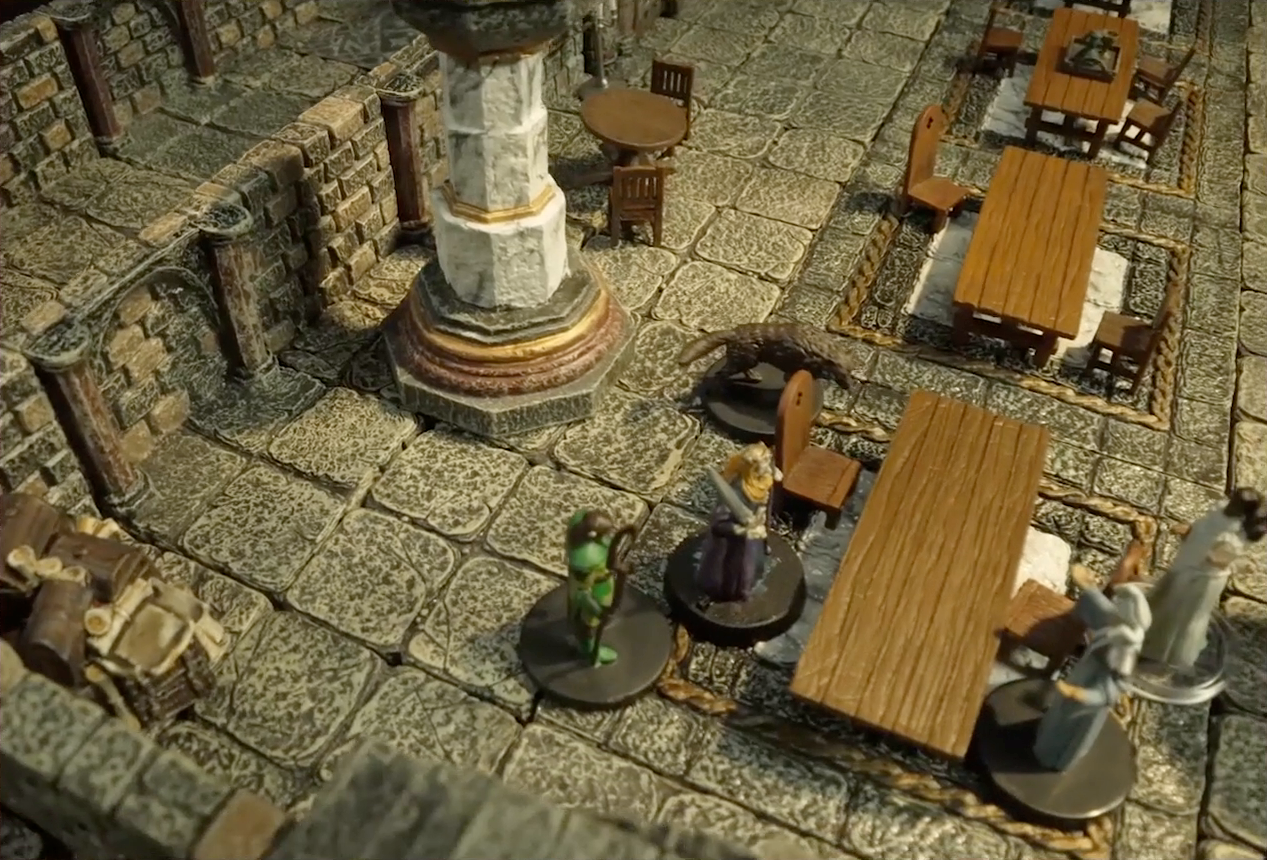 A battlemap of a large stone banquet chamber with surrounding hallways. King Augustus Valian, a Hound, and a druid sit across a table from Photarch Yanessa and an attendant Lux. A marble pillar is nearby. A number of other long tables are lined up in the chamber. Outside the chamber is a long stone hallway.