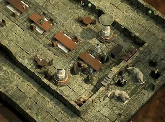 A battlemap of a lange stone banquet chamber with surrounding hallways. King Augustus Valian, a Hound, and a druid sit across a table from Photarch Yanessa and an attendant Lux. At the south entrance of the chamber is Filoneus Halovar with his two dogs Wrath and Judgement, as well as two party guests next to them.