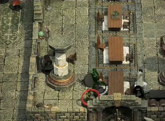 A battlemap of a large stone banquet chamber with surrounding hallways. On one side of a table are King Augustus Valian and a Hound, both with green “POISONED” status rings around them. A druid next to them has a red ring. On the other side of the table Photarch Yanessa lays on the ground next to an attendant Lux. Murray invisibly hides behind a nearby pillar. A party guest is just visible outside the chamber in the west hallway.