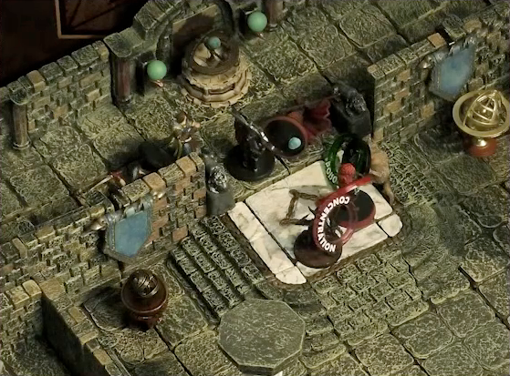 A battlemap of a large stone banquet chamber with surrounding hallways. Bolaire and a Timmonish knight face off against two assassins entering the chamber through its north entrance. Azune lies downed on the ground. A fallen Hound of the King with a “POISONED” status ring lays on the ground just inside the entrance. Bolaire has a red status ring around his miniature, and an assassin has a “CONCENTRATION” status ring.