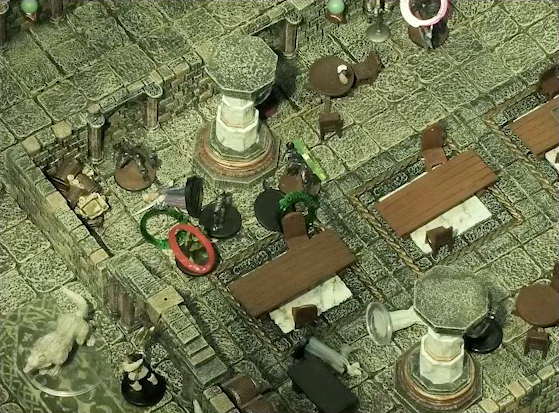 A battlemap of a large stone banquet chamber with surrounding hallways. Three assassins face off against King Augustus Valian, who is poisoned on the ground. A Hound is also nearby poisoned, and a druid has a red status ring around its miniature. On the other side of a table from this fight lay Photarch Yanessa and an attendant Lux. Another assassin stands over the Photarch. Murray hides invisibly behind a nearby marble pillar. At the south entrance is Filoneus Halovar with his two dogs Wrath and Judgement.