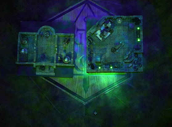 A top-down view of two battlemaps placed side-by-side on the Critical Role table. The left battlemap is a stone aviary split into three rooms. Occtis, Thimble, and Occtis’s undead monitor lizard face off against ghouls and ghosts. In the two side rooms are a number of large cages. The right battlemap is a stone crypt. Teor and Talcydimir stand next to a wooden table on which an undead Raimond Davinos is standing. A hoard of eight zombies enters the crypt from across the room from the table.