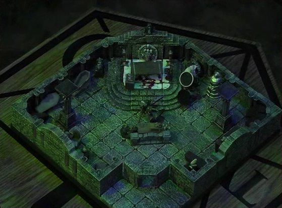 A battlemap of a stone crypt with open wooden coffins on one wall and a silvery metal iron maiden on another wall. An undead Raimond Davinos lays downed on one side of a short wooden table and stone wall. On the other side, in the corner of the room, is Thimble, off to the side of the open exit to the room. Teor and Talcydimir lay downed next to a wooden table behind Raimond. The table sits on a raised part of the floor in front of a wall decorated with carved skull motifs. The floor under the table is splattered with blood. On a box in front of the table sits a tray bearing multiple surgical instruments. The room is lit by eerie glowing green torches.