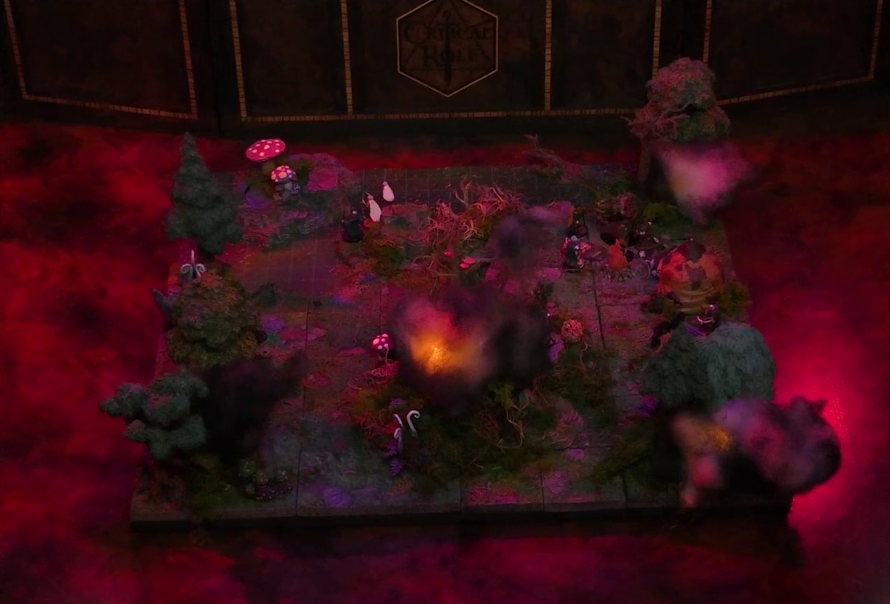 A battlemap of a forest clearing with a large leafless Hawthorn tree near the center. Fake smoke rises from that tree and others at the edges of the map. Orange lights indicate that the trees are on fire. A number of Candescent Creed members and fairy poachers are scattered around the area, especially at the base of the Hawthorn tree. A small animal hide hut is at the edge of the battlemap. Large red mushrooms with white spots and a huge purple flower are at the other end near a lake.