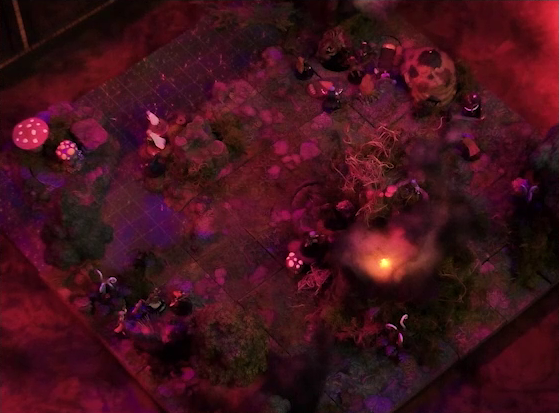 A battlemap of a forest clearing with a large leafless Hawthorn tree near the center. Fake smoke rises from that tree and others at the edges of the map. Orange lights indicate that the trees are on fire. A number of Candescent Creed members and fairy poachers are scattered around the area, especially at the base of the Hawthorn tree. A small animal hide hut is at the edge of the battlemap. Large red mushrooms with white spots and a huge purple flower are at the other end near a lake.