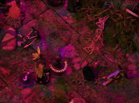 A battlemap of a forest clearing. Thimble, Occtis, and Pin face off against a Candescent Creed member while three other Candescent Creed members or fairy poachers lie downed nearby. There is a “CONCENTRATION” status ring around Occtis’s miniature.