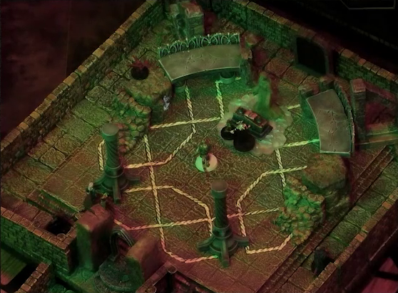 A battlemap of a stone temple interior. Lord Callister and Timothy stand before an altar and statue of the Moonweaver, with Crokas approaching them. The statue sits in front of a dark archway between two stone platforms, and stands on a bed of white crystal. The entrance to the room is also an archway, leading to two stone pillars, one of which Rei’nia and Erro stand beside, in front of a red devil. A winged imp and a horned cloaked figure stand at the edges of the room.