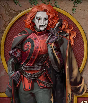 Character card for Bolaire. A humanoid wearing a paper-white porcelain mask with dark lips and lines resembling tears running down from the eyes. He stares directly at the viewer with a pouty expression on his lips. He has long, voluminous, curly red hair reaching past his shoulders. He wears a red ornate leather vest buckled over black pants and an oversized leather coat draped over his shoulders. He hold a glass scalpel in his left hand and has his right hand placed sassily on his hip.