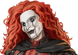 Bolaire from the shoulders up. An elf wearing a paper-white porcelain mask with dark lips and lines resembling tears running down from the eyes. He has long, voluminous, curly red hair reaching past his shoulders. He wears a red ornate leather vest. He seems to look directly at the viewer with the dots of blue light at the center of his black eyes.