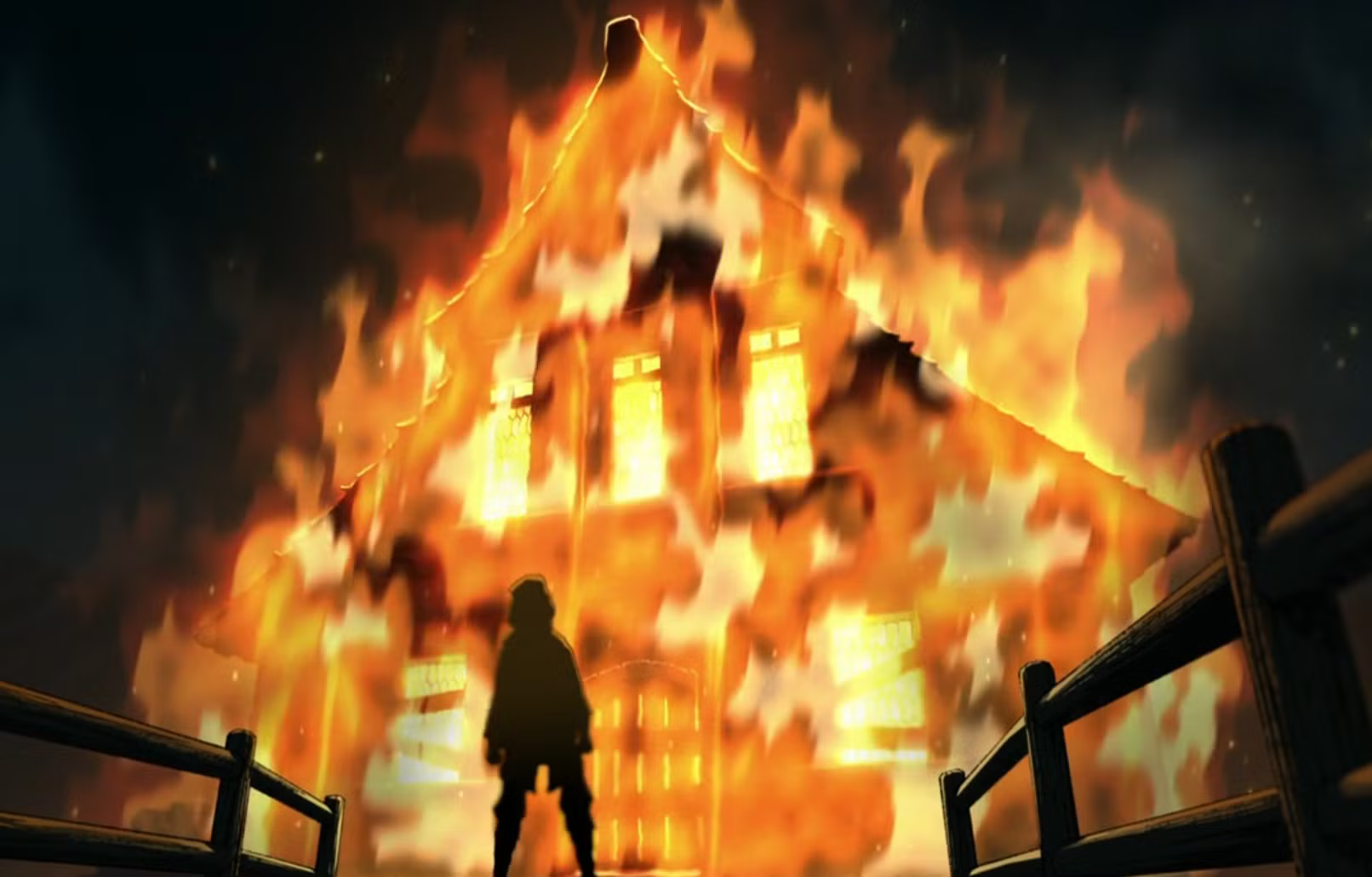 A screenshot from the Mighty Nein animated series of a young Caleb standing in front of a burning house. Caleb, wearing a cloak, is facing away from the viewer. He is cast entirely in silhouette from the light of the flames. The house is two stories, its roof sloping steeply up to a point. Two wooden fences emerge from out of frame and draw the eye towards the scene.