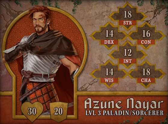 Character card for Azune Nayar, level 3 Paladin/Sorcerer, with 30 HP, 20 AC, 18 strength, 14 dexterity, 16 constitution, 12 intelligence, 14 wisdom, and 18 charisma. A tan-skinned human with red hair parted to the right, a short neat beard, and a large red birthmark on the left side of his face. He wears a brown cape over bright silver chest armor and a leather armored skirt. He holds a leather-gloved right fist to his chest in a gesture resembling a salute, and looks into the distance.