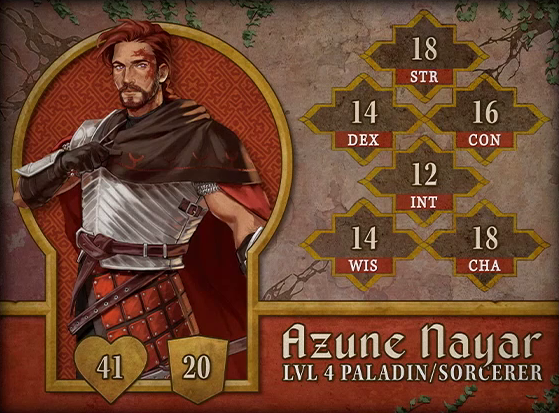 Character card for Azune Nayar, level 4 Paladin/Sorcerer, with 41 HP, 20 AC, 18 strength, 14 dexterity, 16 constitution, 12 intelligence, 14 wisdom, and 18 charisma. A tan-skinned human with red hair parted to the right, a short neat beard, and a large red birthmark on the left side of his face. He wears a brown cape over bright silver chest armor and a leather armored skirt. He holds a leather-gloved right fist to his chest in a gesture resembling a salute, and looks into the distance.