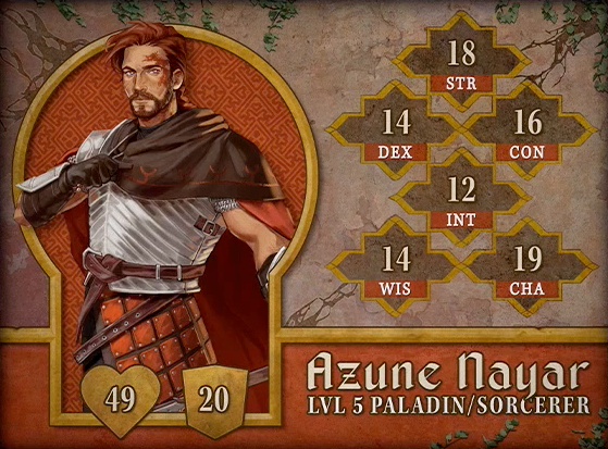 Character card for Azune Nayar, level 5 Paladin/Sorcerer, with 49 HP, 20 AC, 18 strength, 14 dexterity, 16 constitution, 12 intelligence, 14 wisdom, and 19 charisma. A tan-skinned human with red hair parted to the right, a short neat beard, and a large red birthmark on the left side of his face. He wears a brown cape over bright silver chest armor and a leather armored skirt. He holds a leather-gloved right fist to his chest in a gesture resembling a salute, and looks into the distance.