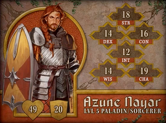 Character card for Azune Nayar, level 5 Paladin/Sorcerer, with 49 HP, 20 AC, 18 strength, 14 dexterity, 16 constitution, 12 intelligence, 14 wisdom, and 19 charisma. A tan-skinned human with red hair in a long braid reaching his chest, a short neat beard, and a large red birthmark on the left side of his face. He looks directly at the camera, a stern expression on his face. He wears a shining silver breastplate and armored skirt, and holds a yellow and orange painted heater shield off to his side. The shield appears to be upside-down from how you typically see them. A leather cape is tied around his neck over his armor.