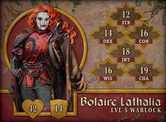 Character card for Bolaire Lathalia, level 5 Warlock, with 42 HP, 14 AC, 12 strength, 14 dexterity, 16 constitution, 18 intelligence, 16 wisdom, and 19 charisma. A humanoid wearing a paper-white porcelain mask with dark lips and lines resembling tears running down from the eyes. He stares directly at the viewer with a pouty expression on his lips. He has long, voluminous, curly red hair reaching past his shoulders. He wears a red ornate leather vest buckled over black pants and an oversized leather coat draped over his shoulders. He hold a glass scalpel in his left hand and has his right hand placed sassily on his hip.