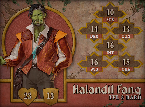 Character card for Halandil Fang, level 3 Bard, with 23 HP, 13 AC, 10 strength, 14 dexterity, 13 constitution, 16 intelligence, 16 wisdom, and 18 charisma. A bright-green-skinned orc with black hair and beard, shot through with streaks of white. He wears a colorful orange and white jacket with bright yellow shoulder pads and designs resembling wheat running up the front. Underneath is a white collared shirt open to reveal his upper chest, tucked into basic gray slacks and a brown leather belt. A brown leather messenger bag hangs across his body, with a sky blue hankerchief tied to the strap. He looks directly at the viewer, a slightly sad expression on his face.