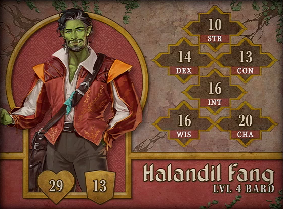Character card for Halandil Fang, level 4 Bard, with 29 HP, 13 AC, 10 strength, 14 dexterity, 13 constitution, 16 intelligence, 16 wisdom, and 20 charisma. A bright-green-skinned orc with black hair and beard, shot through with streaks of white. He wears a colorful orange and white jacket with bright yellow shoulder pads and designs resembling wheat running up the front. Underneath is a white collared shirt open to reveal his upper chest, tucked into basic gray slacks and a brown leather belt. A brown leather messenger bag hangs across his body, with a sky blue hankerchief tied to the strap. He looks directly at the viewer, a slightly sad expression on his face.